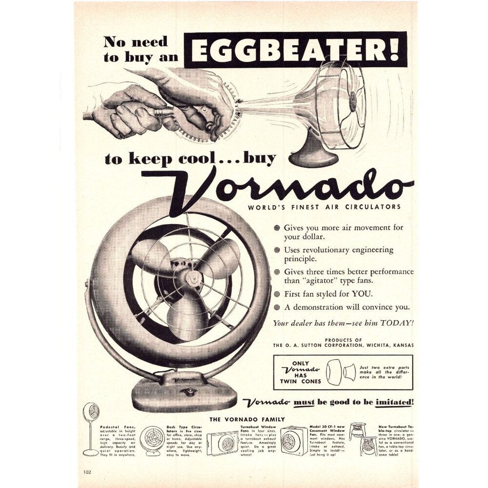 1950 Vornado Desktop Fan Vintage Print Ad MCM Design 50s Retro Wall Art